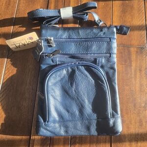 MAZE Exclusive Blue Genuine Leather Crossbody Organizer Bag | Multi-Zip Purse